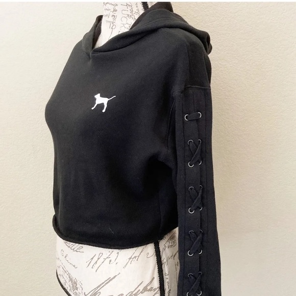 PINK hooded Sweatshirt black laced cropped hoodie gym beach pool Victoria’s - Picture 7 of 8